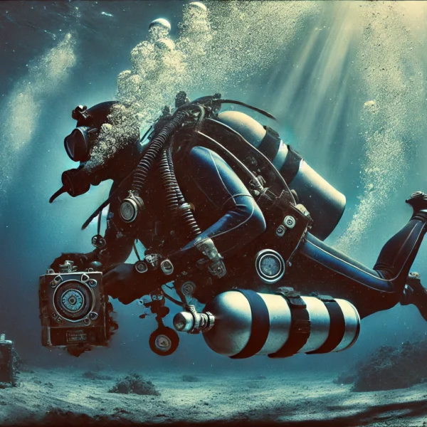 Scuba diver exploring underwater with camera equipment.