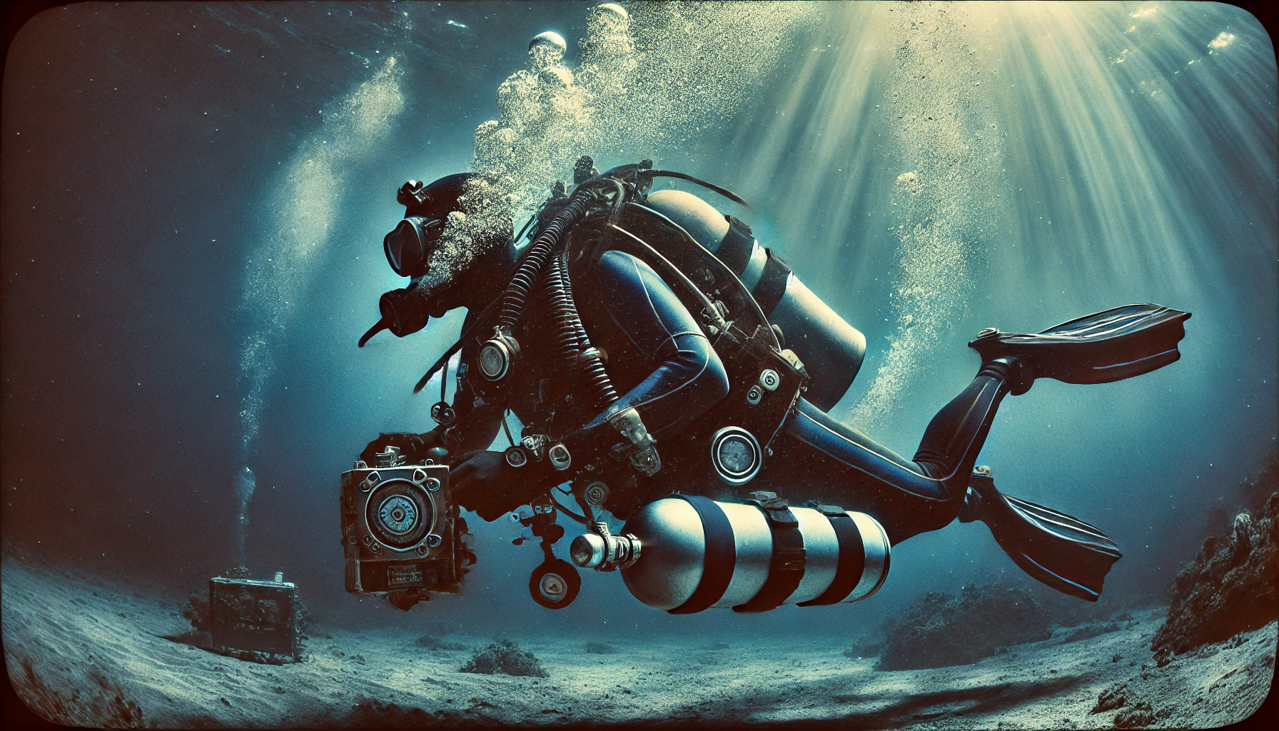 Scuba diver exploring underwater with camera equipment.