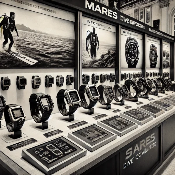 Mares dive computers showcased in store with promotional images
