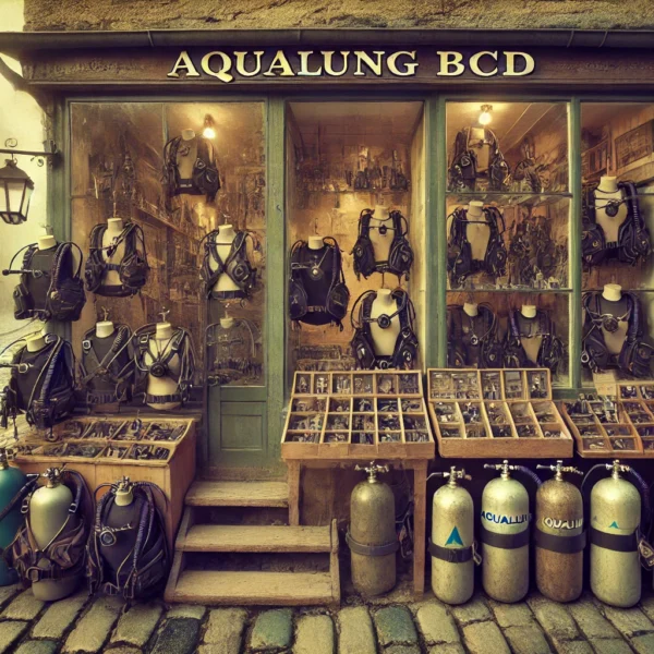 Vintage diving gear shop in cobblestone street
