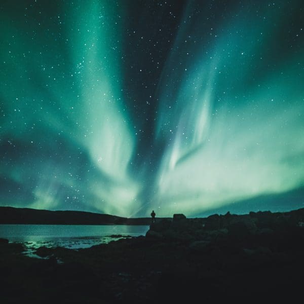 Person under Northern Lights at lakeshore.