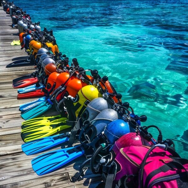 Colorful scuba gear lined up on tropical dock.