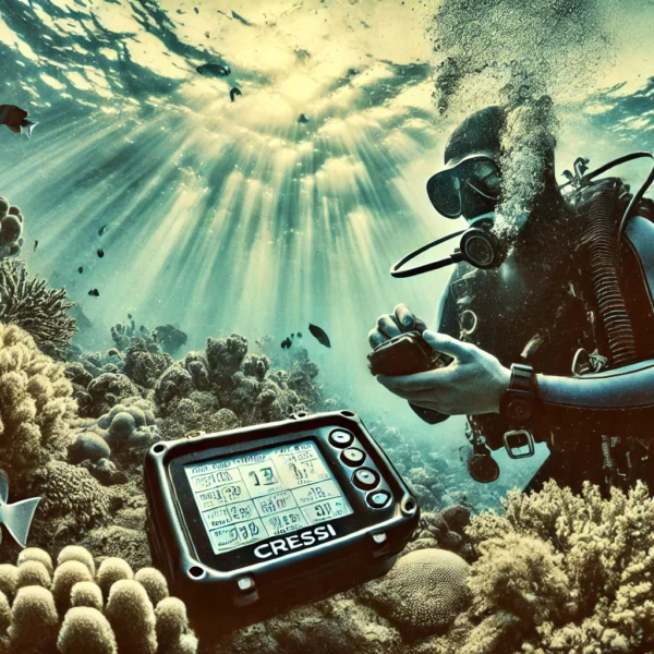 Diver exploring coral reef with digital device underwater