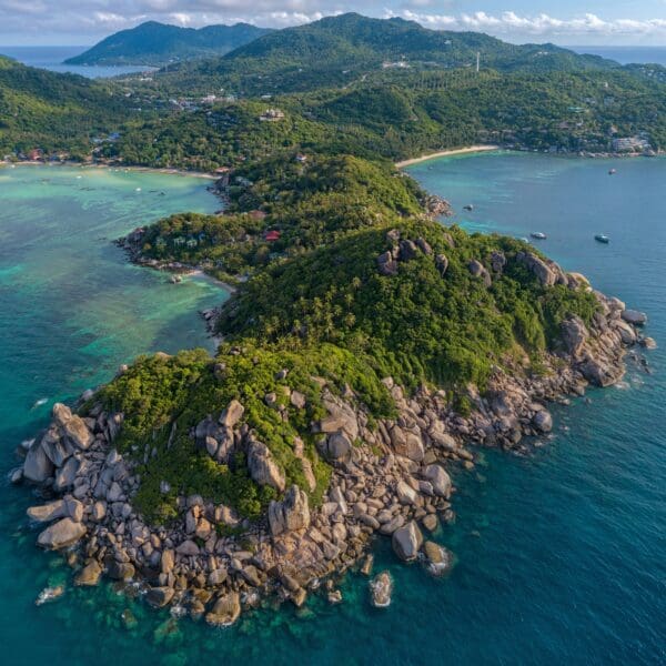 Aerial view of lush, tropical coastline with turquoise waters.