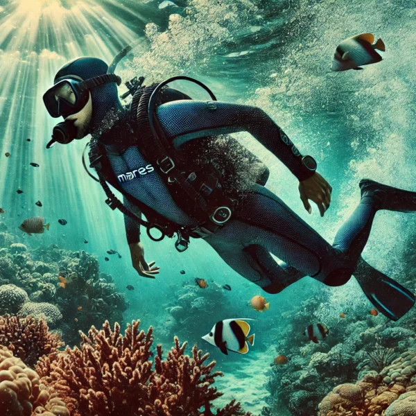 Diver exploring coral reef with tropical fish