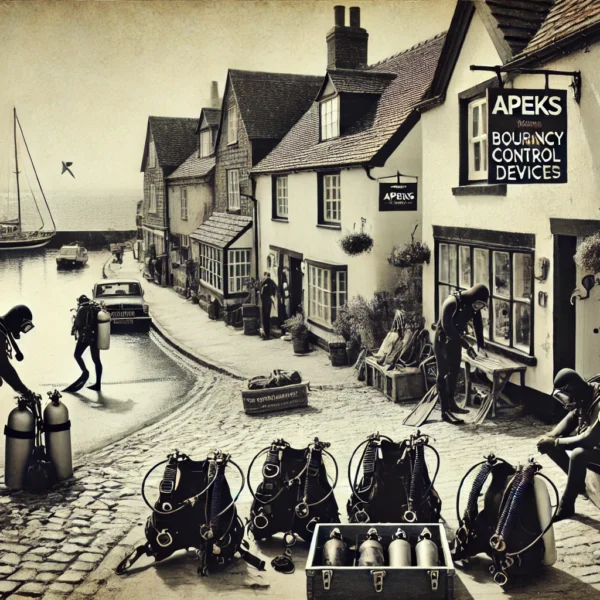 Vintage divers gearing up in old European town by sea