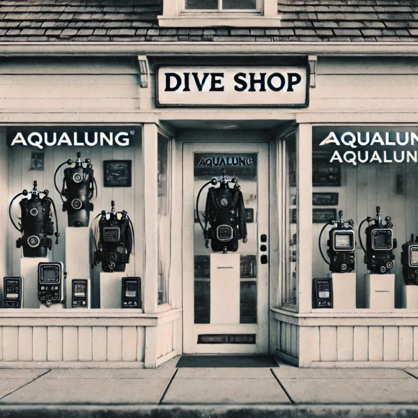 Vintage-style dive shop storefront with scuba gear display