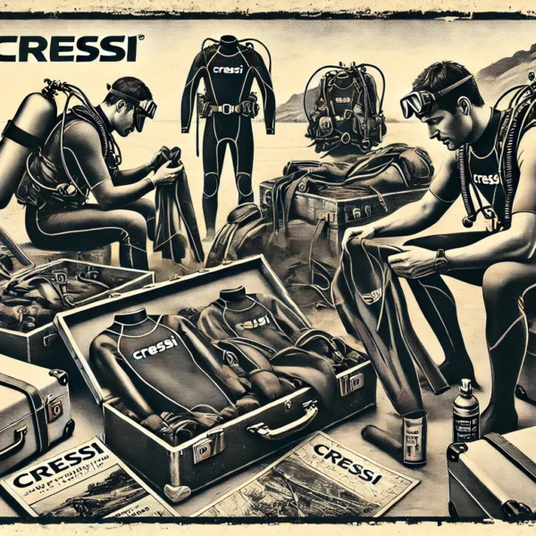 Vintage Cressi diving gear advertisement with divers prepping