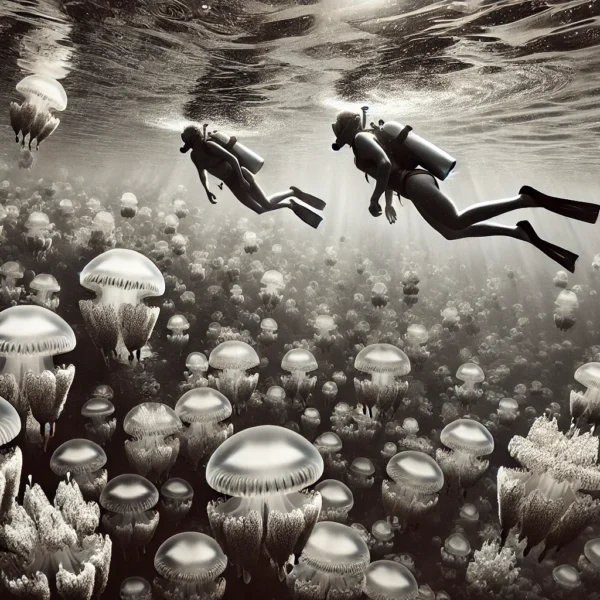 Divers swimming above underwater jellyfish colony