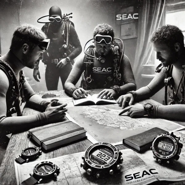 Divers planning a dive with a map in monochrome