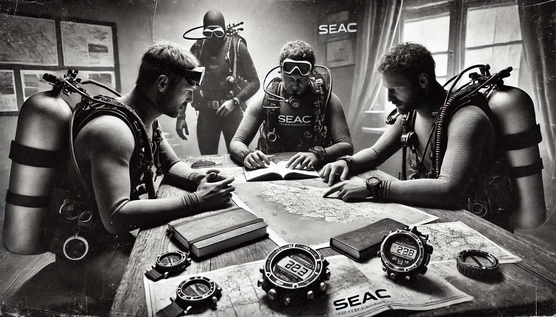 Divers planning a dive with a map in monochrome