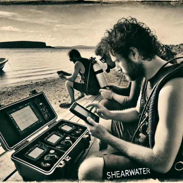 Divers preparing equipment on beach with boat nearby