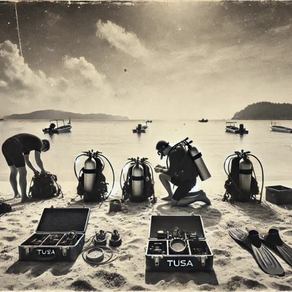 Divers preparing gear on sandy beach with boats