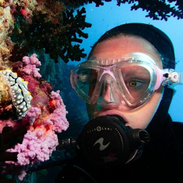 Scuba diver exploring coral reef underwater.