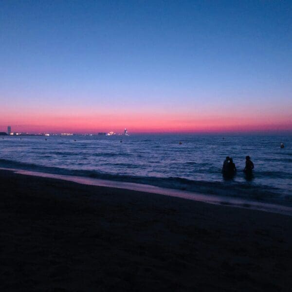 Twilight beach scene with people and distant ships.