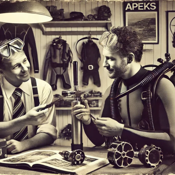 Vintage scuba diving gear discussion in sepia tone