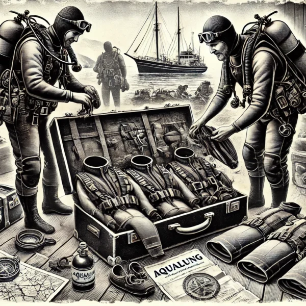 Vintage illustration of divers preparing gear near sailboat