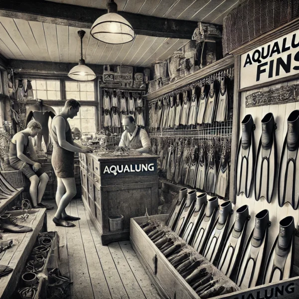 Vintage diving gear shop with customers and clerk