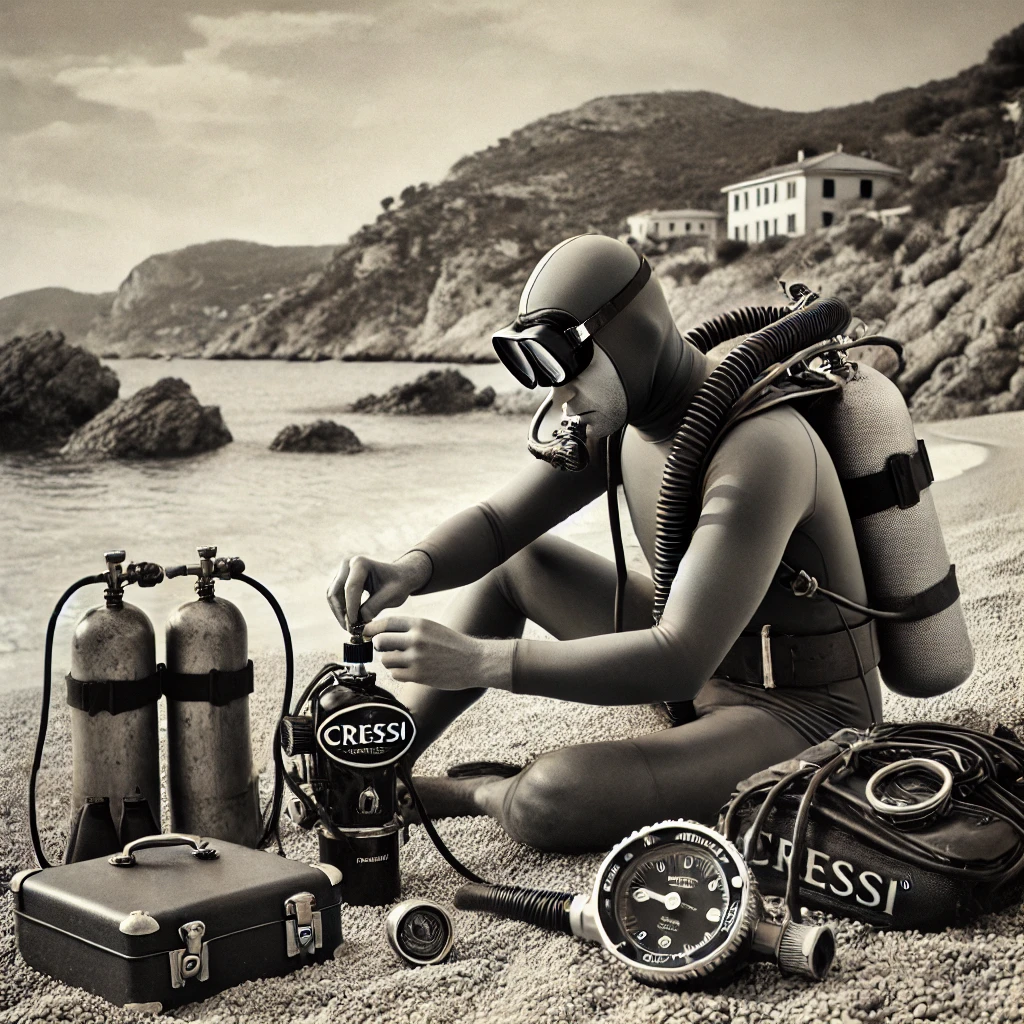 Scuba diver adjusting equipment on beach