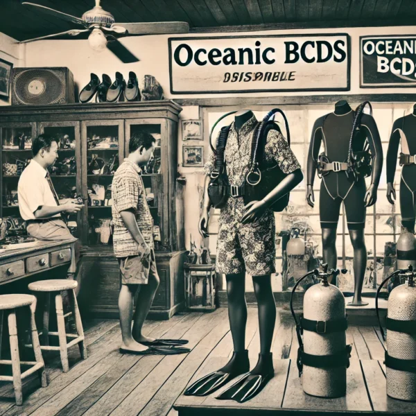 Vintage scuba gear shop with customers and diving suits