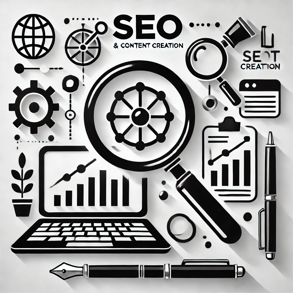 Monochrome SEO and content creation concept illustration