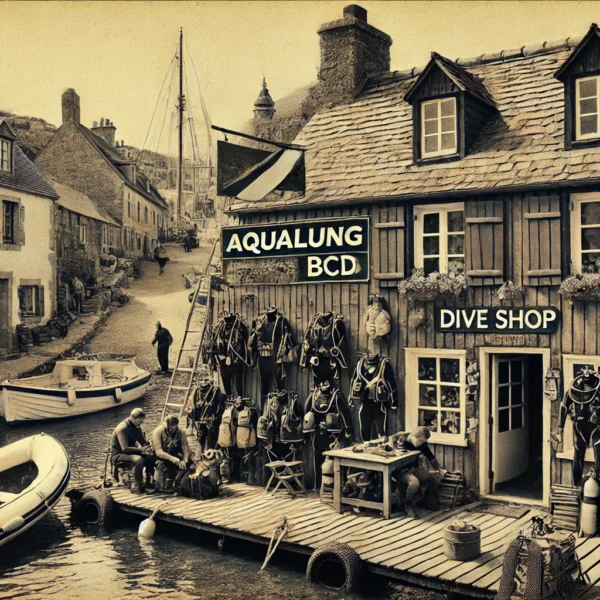 Historic dive shop with gear on waterfront street