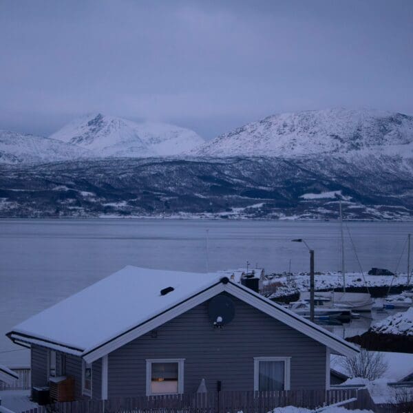 Snowy landscape with mountains, lake, and houses