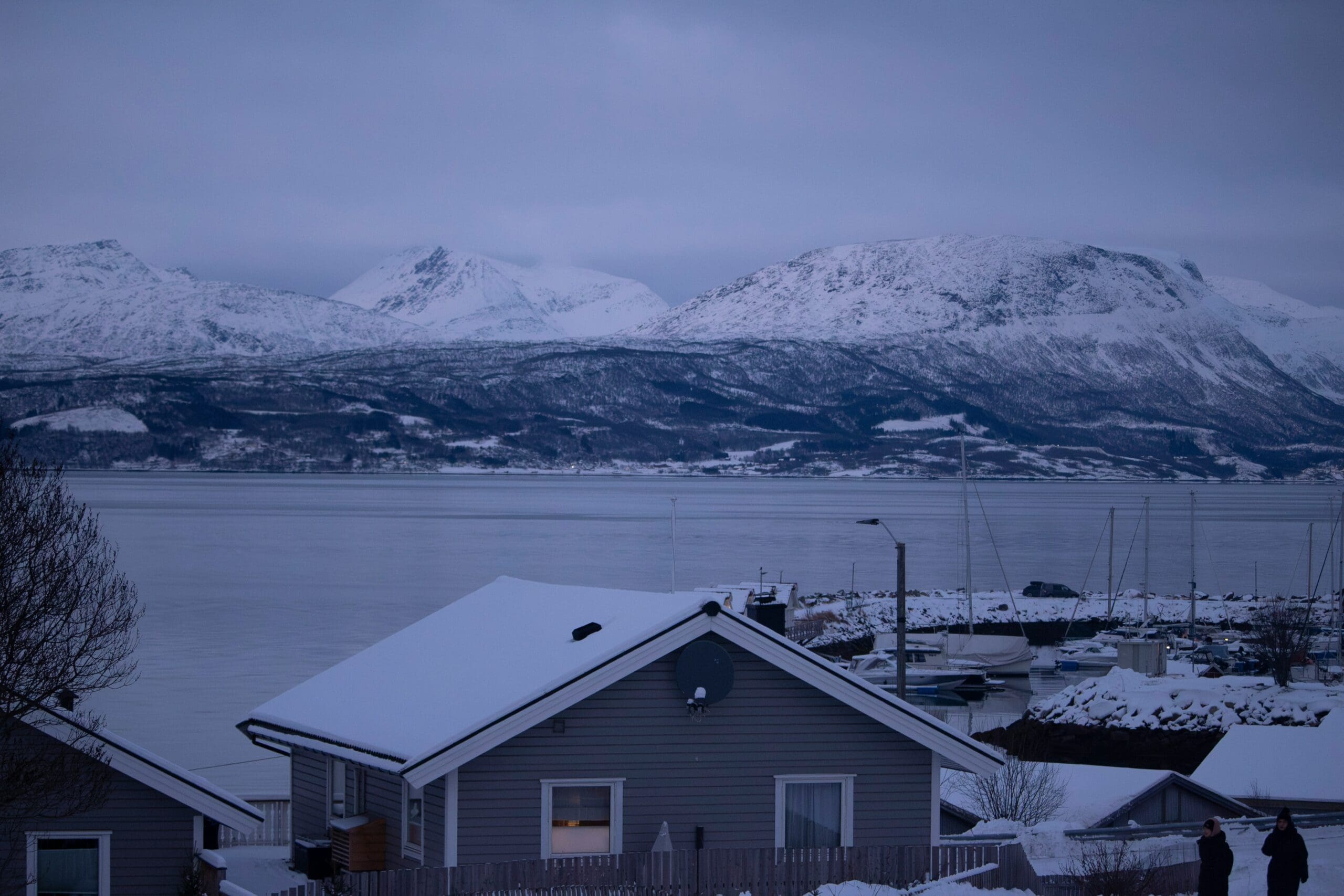 Snowy landscape with mountains, lake, and houses