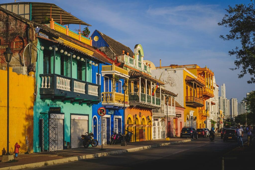 Vibrant colonial architecture on sunny street