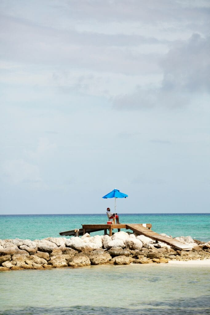 Person under blue umbrella on rocky pier by sea