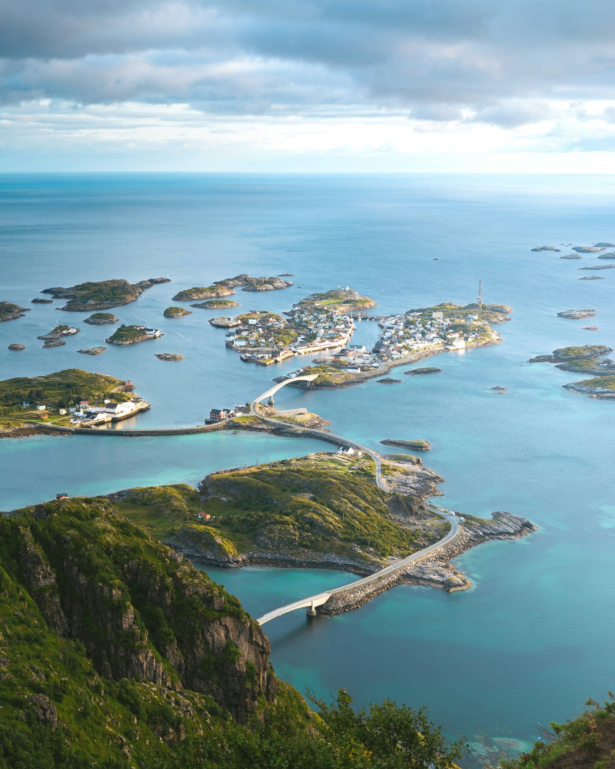 Aerial view of coastal islands connected by bridges