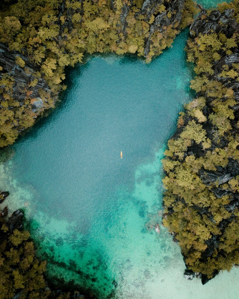Aerial view of canoe in turquoise lake surrounded by trees