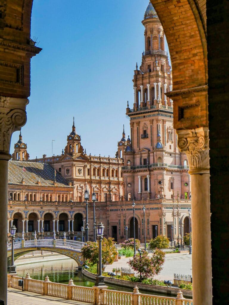 Plaza de España, Seville framed by arched colonnade