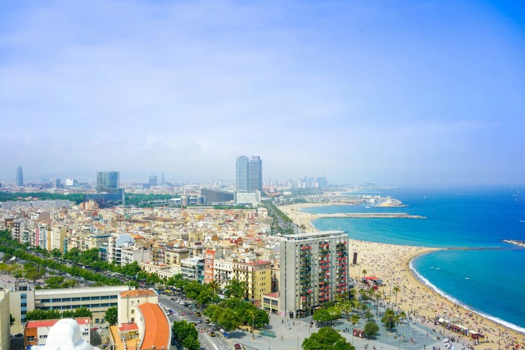 Aerial view of Barcelona coastline and cityscape