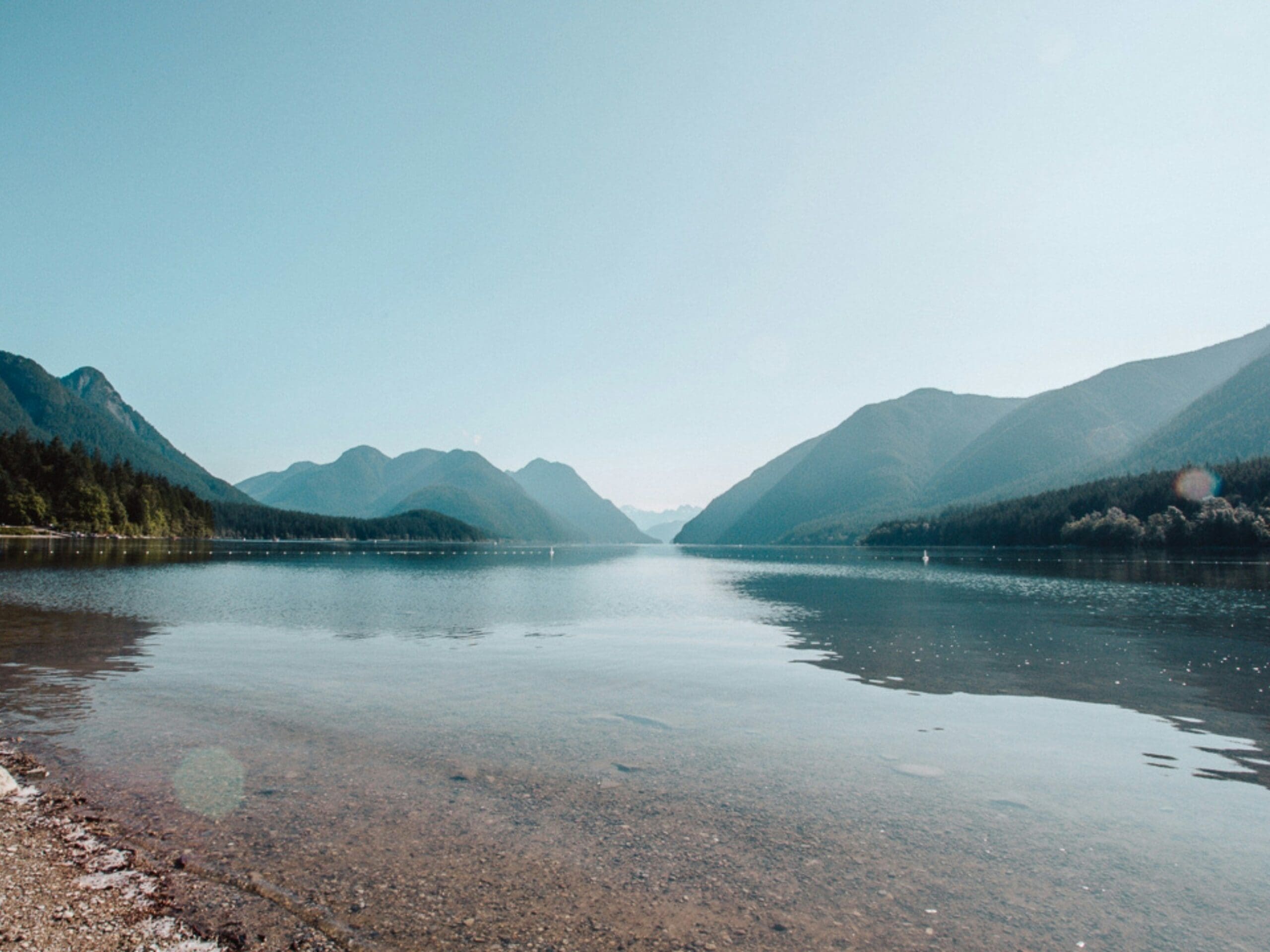 Serene lake surrounded by lush mountains under clear sky