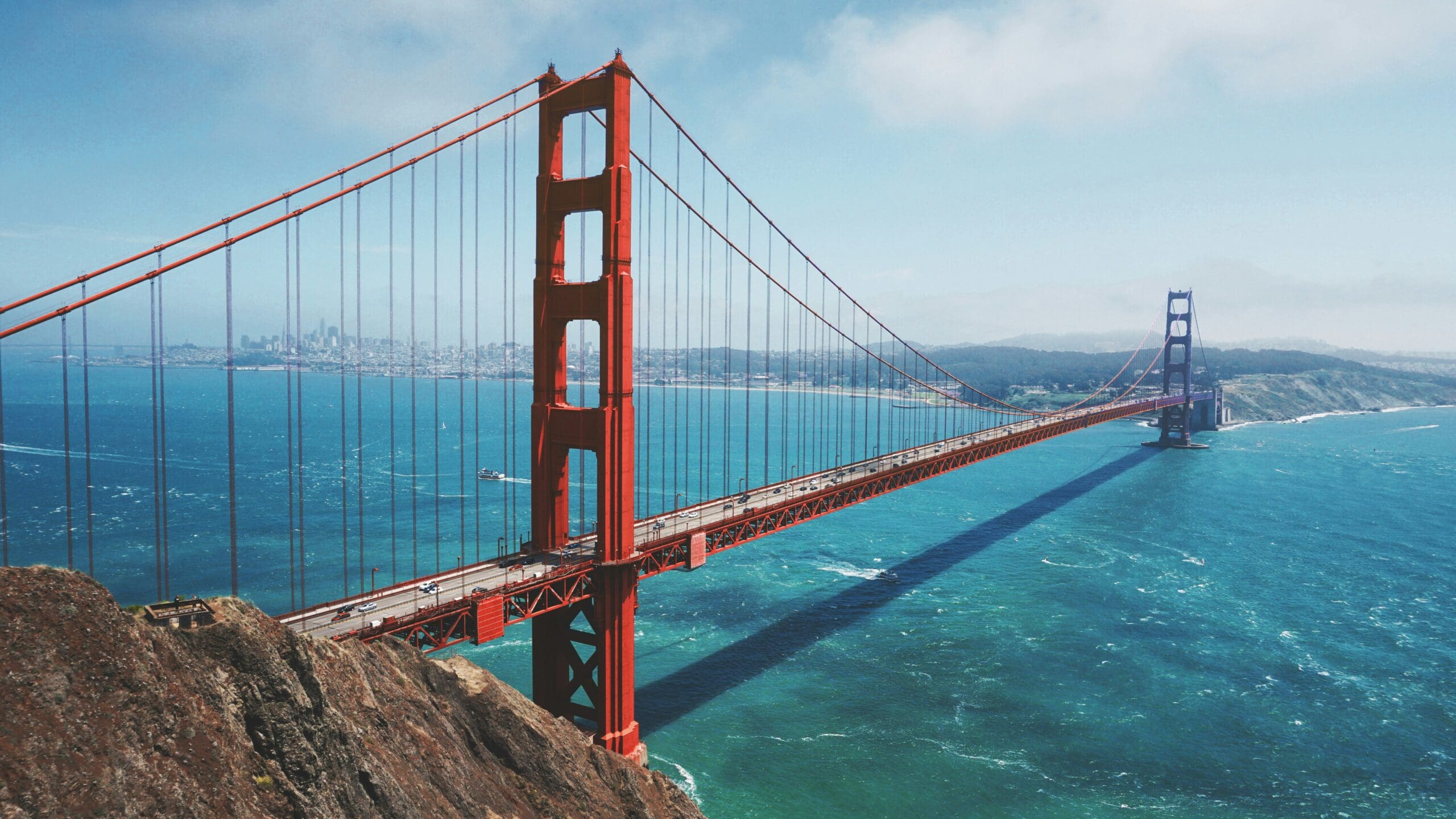 Golden Gate Bridge with city skyline in background