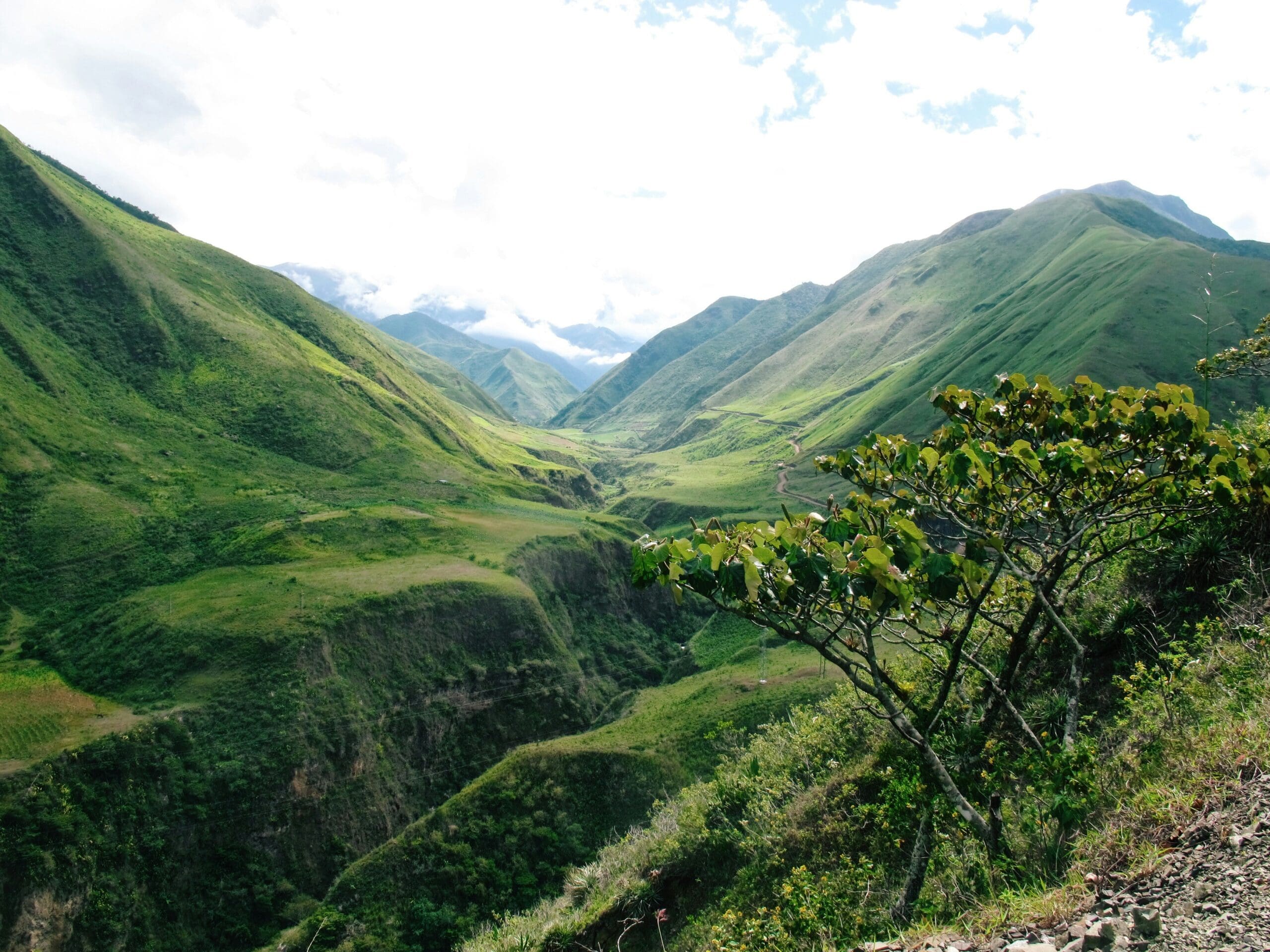 Scenic lush green mountain valley under cloudy sky