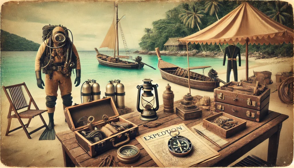 Vintage diving gear and map on tropical beach setup