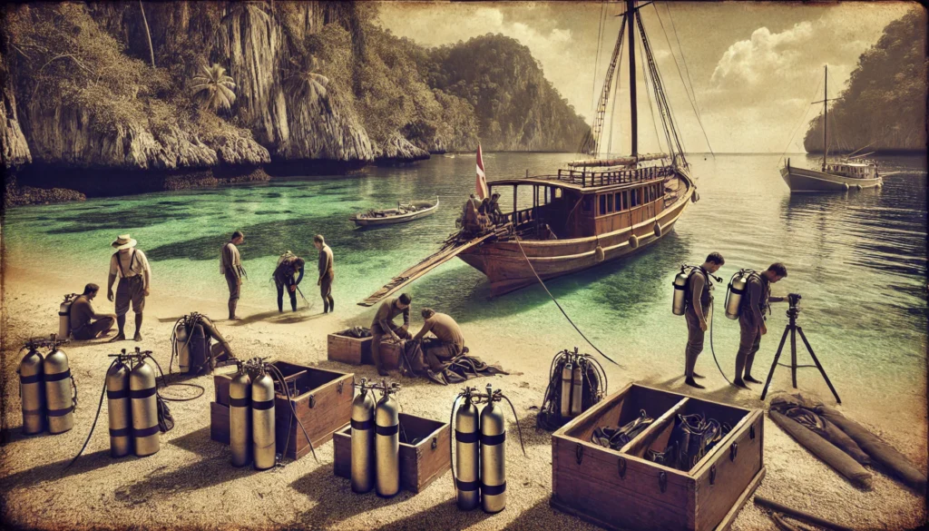 Vintage scene of divers prepping on tropical beach