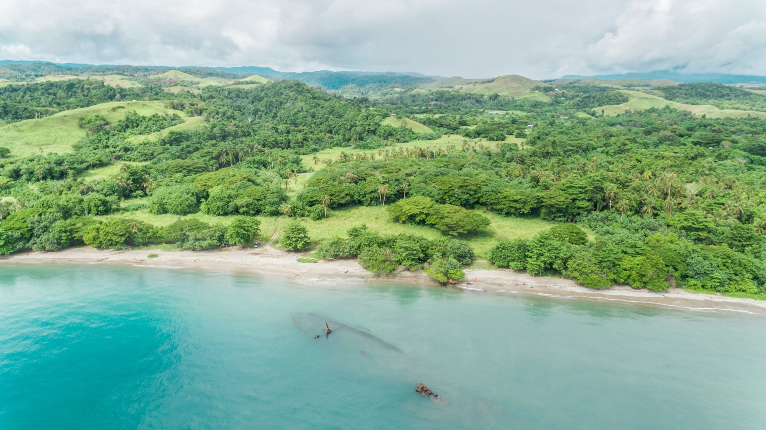 Aerial view of lush coastline with shipwreck