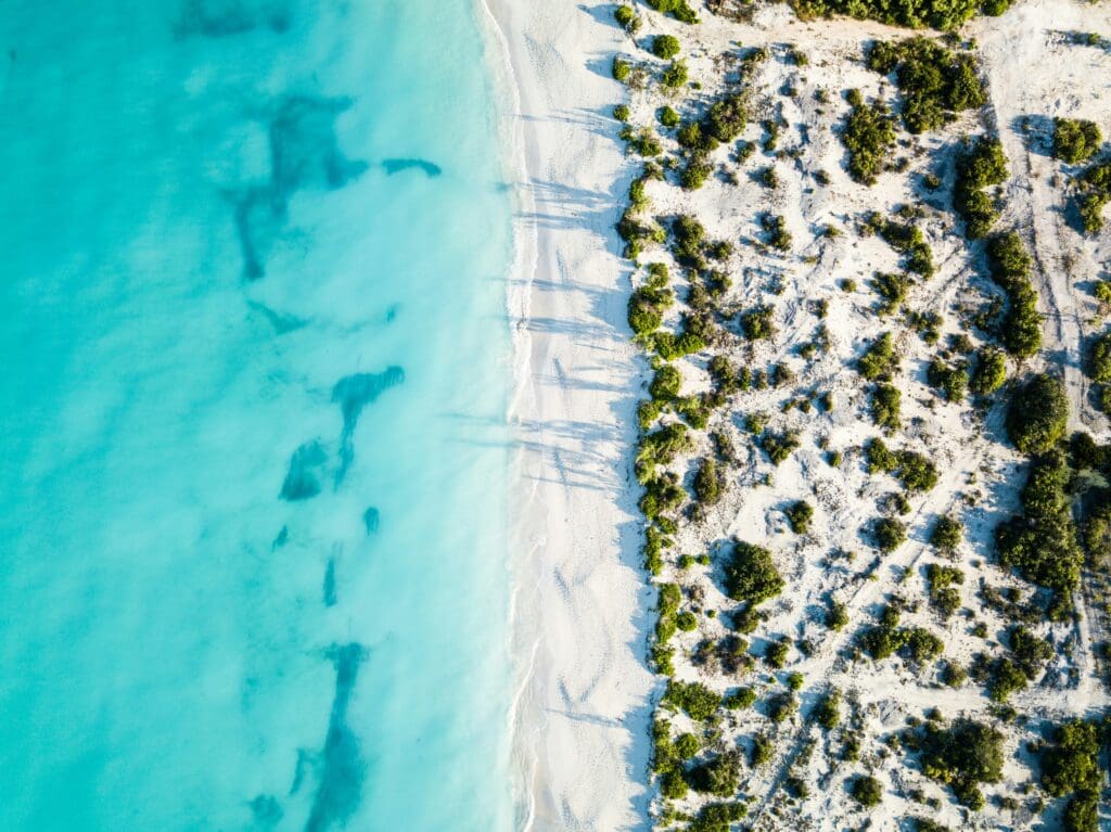 Aerial view of turquoise water and sandy beach