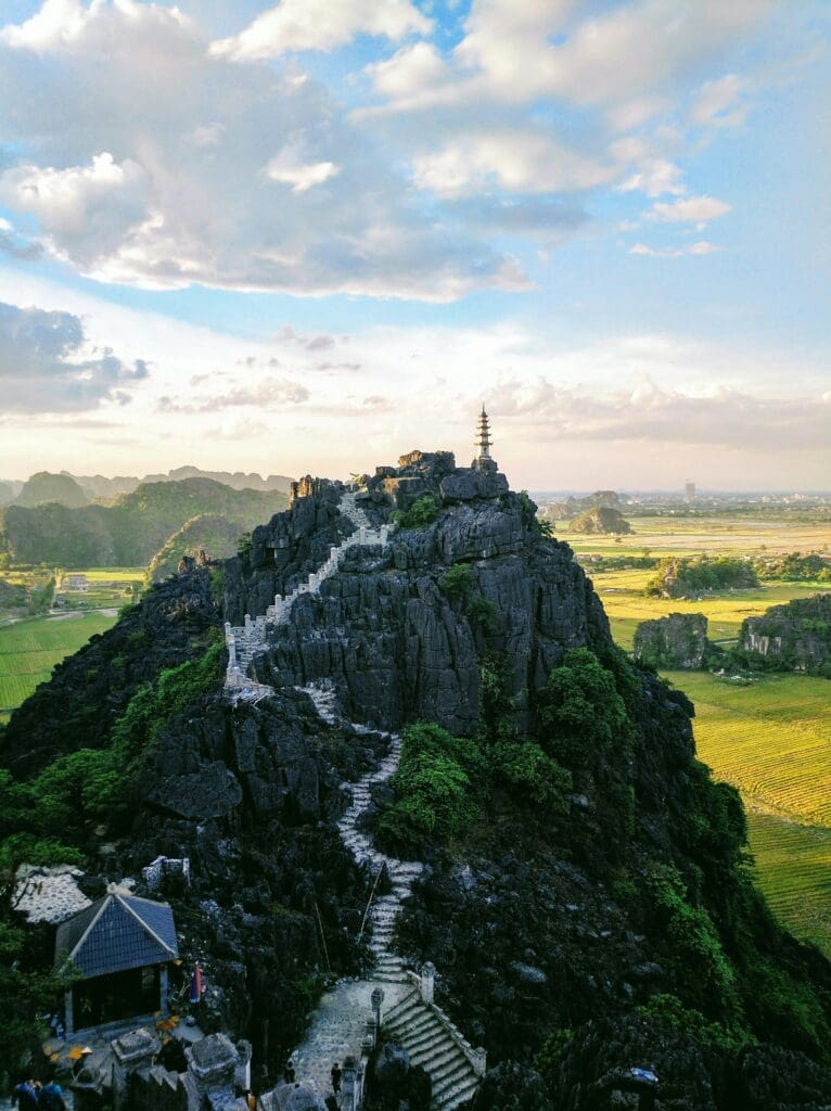 Scenic mountain pagoda at sunset