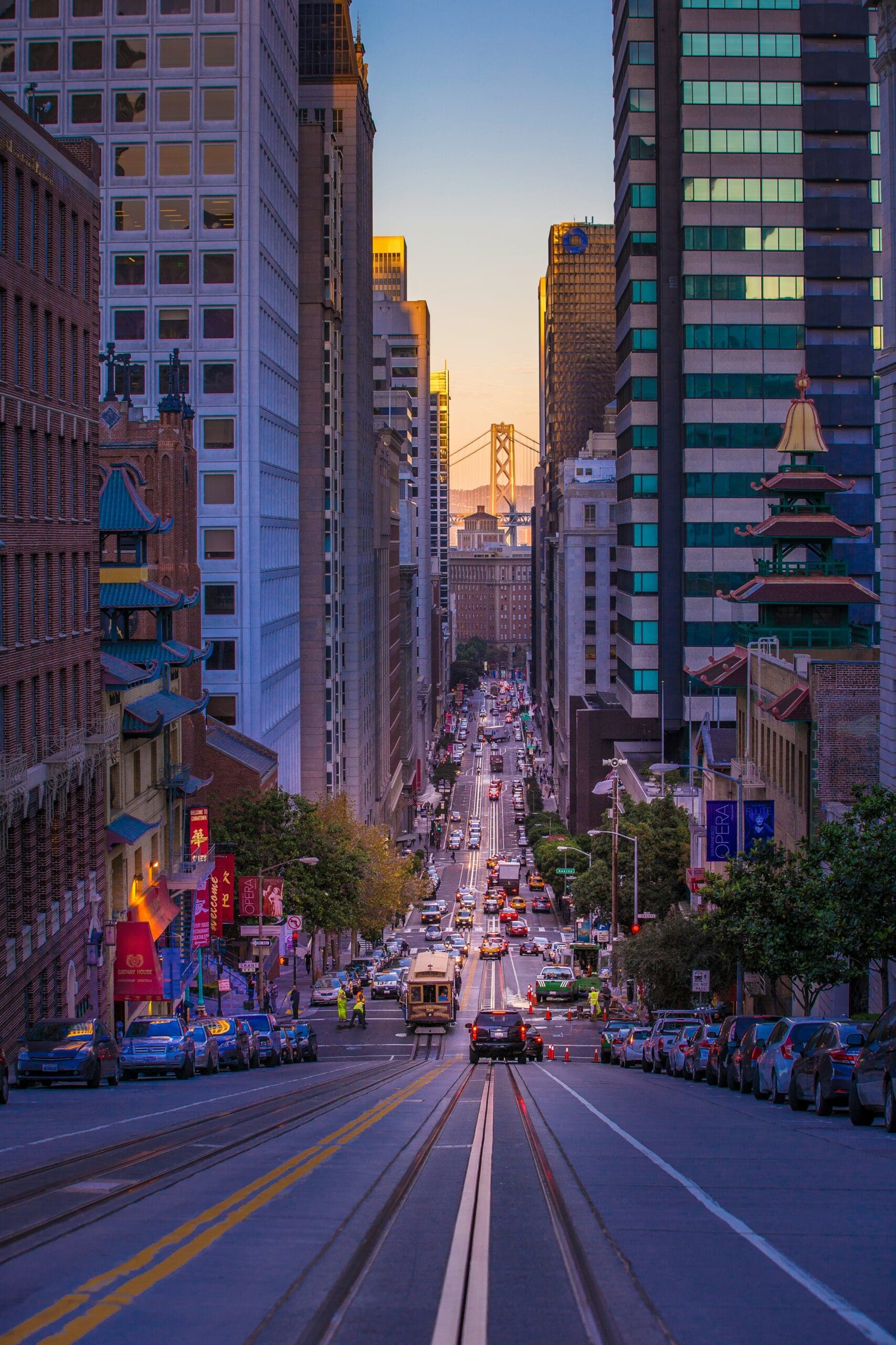 San Francisco street view with bridge and cable car