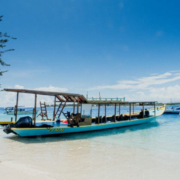 blue and white boat on white sand during daytime